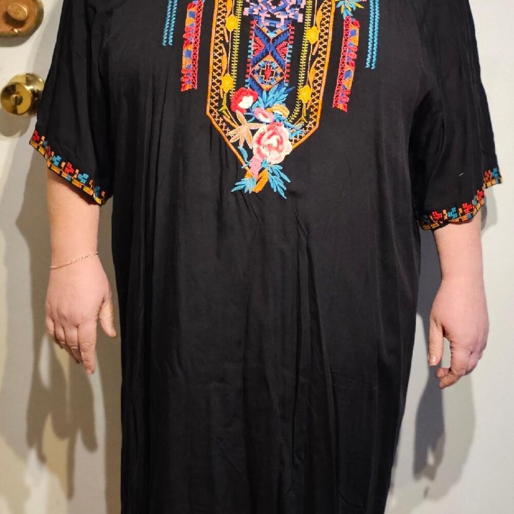 Vakakado 3XL BohemiaEmbroidered Black Tunic Dress Short Sleeve